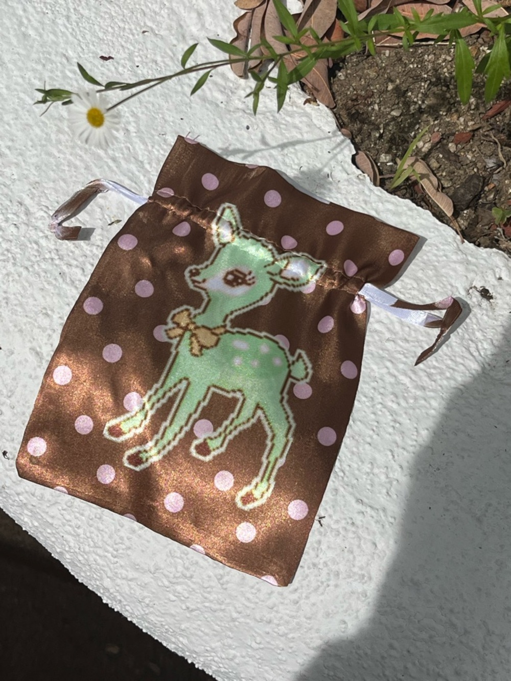 Cute Satin Drawstring Bag with Mint Deer — Pink & Brown Polka Dot